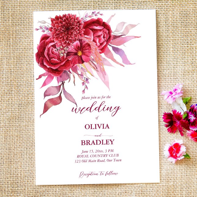 Invitation Viva magenta bourgogne roses et fleurs (Créateur téléchargé)