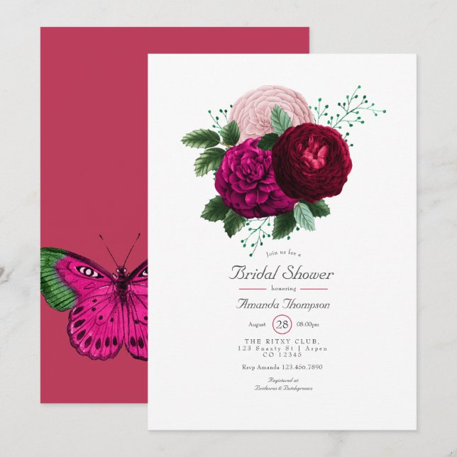 Invitation Viva Magenta Floral Douche nuptiale (Devant / Derrière)