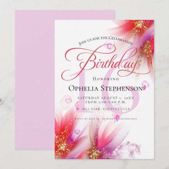 Invitation Vivid Scarlet Lilac Abstrait Floral Anniversaire (Devant / Derrière)