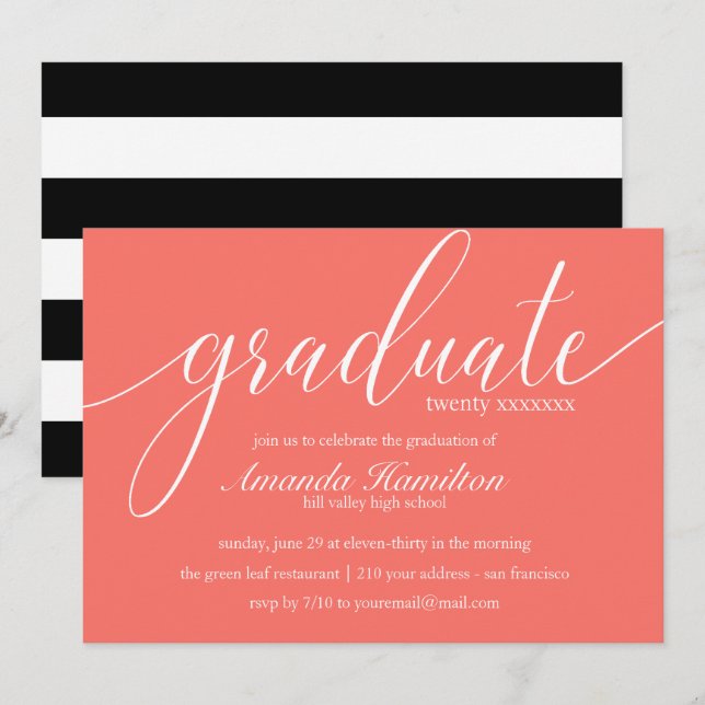 Invitation Vivre typographie du corail Graduation chaque anné (Devant / Derrière)