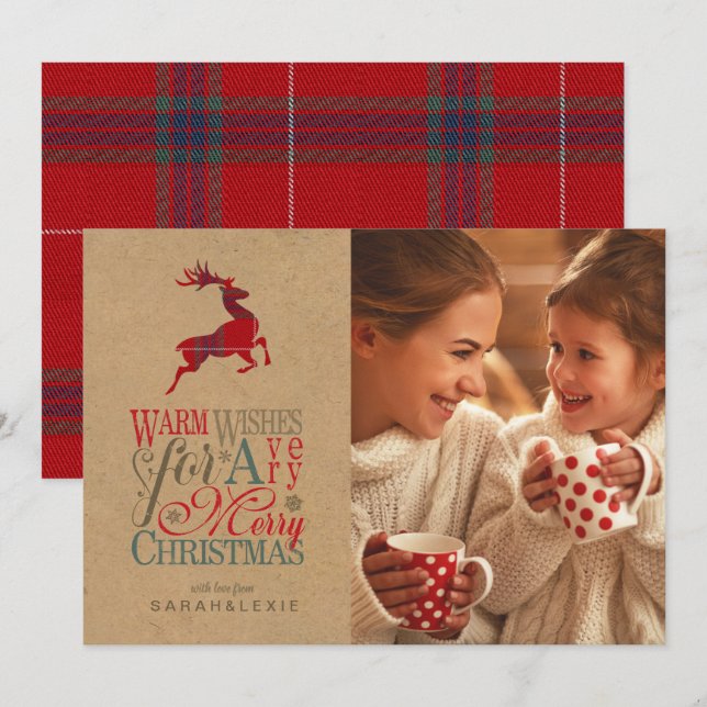 Invitation Voeux Chauds Photo Kraft & Tartan Red ID589 (Devant / Derrière)