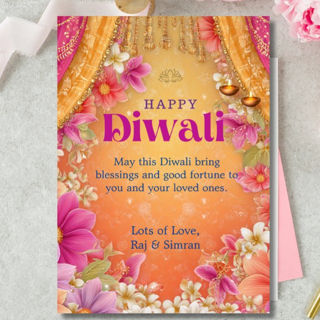 Invitation Vœux de Diwali Joyeux Fleurs Rose Jaune Violet (Créateur téléchargé)