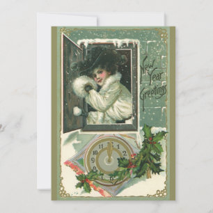 Invitation Vœux de Nouvel An vintage, fenêtre de jeune fille 