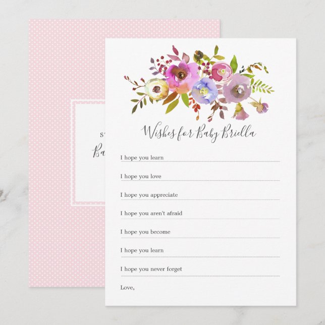 Invitation Voeux floraux roses pour bébé, jeu de baby shower (Devant / Derrière)