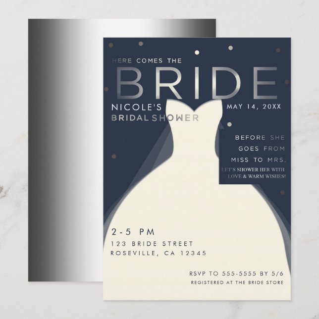 Invitation Voici BRIDE Silver & Blue Chic Fête des mariées (Devant / Derrière)