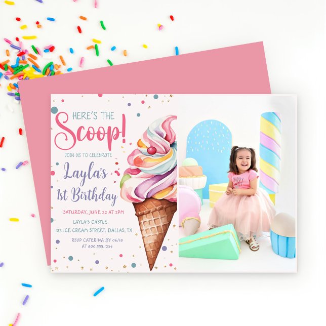 Invitation Voici la crème glacée Scoop 1er anniversaire Photo (Créateur téléchargé)