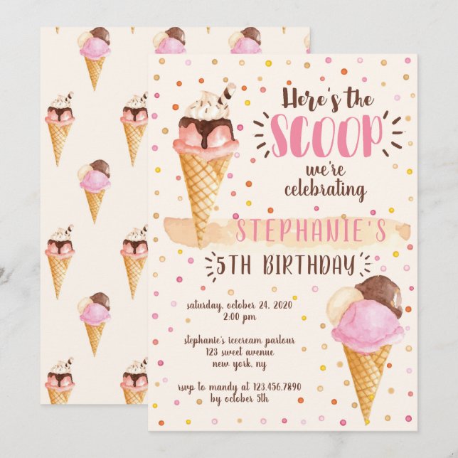 Invitation Voici la fête d'anniversaire de la crème glacée Sc (Devant / Derrière)