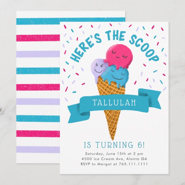 Invitation Voici la fête d'anniversaire de la crème glacée Sc (Devant / Derrière)