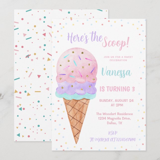 Invitation Voici la fille de la crème glacée rose Scoop Anniv (Devant / Derrière)