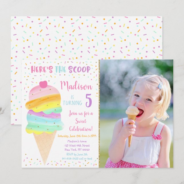 Invitation Voici l'anniversaire de la crème glacée rose Scoop (Devant / Derrière)