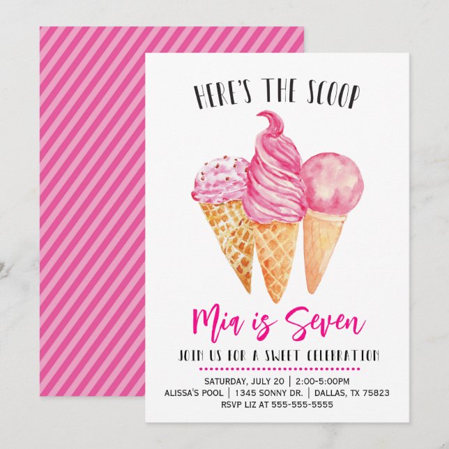 Invitation Voici l'anniversaire de la crème glacée rose Scoop (Devant / Derrière)