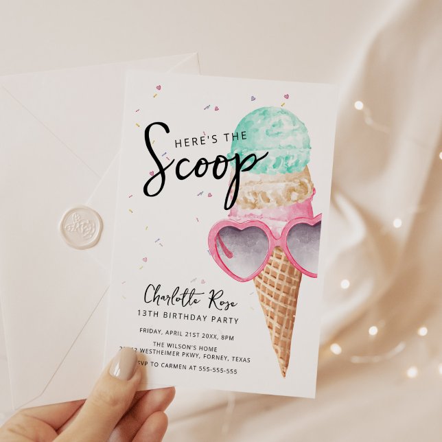 Invitation Voici l'anniversaire de la crème glacée rose Scoop (Créateur téléchargé)