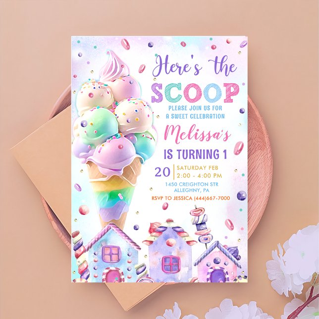 Invitation Voici l'anniversaire de la crème glacée rose Scoop (Créateur téléchargé)