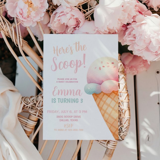 Invitation Voici l'anniversaire de la crème glacée rose Scoop (Créateur téléchargé)