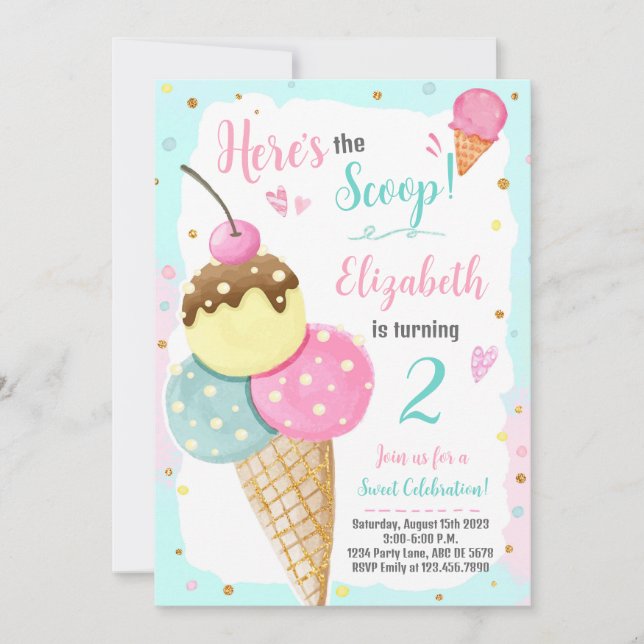 Invitation Voici l'anniversaire de la crème glacée Scoop (Devant)