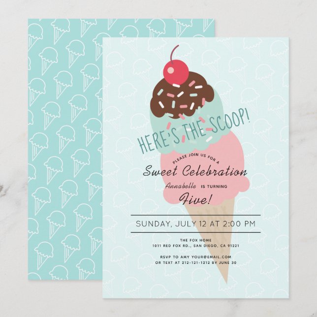 Invitation Voici l'Anniversaire vert de la crème glacée Scoop (Devant / Derrière)