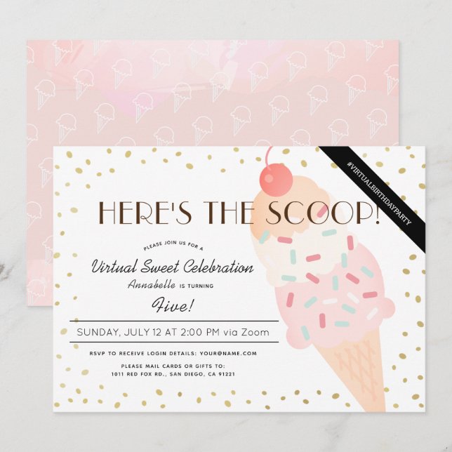 Invitation Voici l'anniversaire virtuel de la crème glacée Sc (Devant / Derrière)
