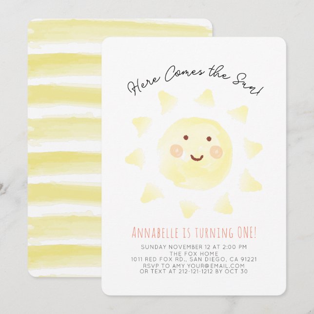 Invitation Voici l'Aquarelle Jaune Soleil 1er Anniversaire (Devant / Derrière)