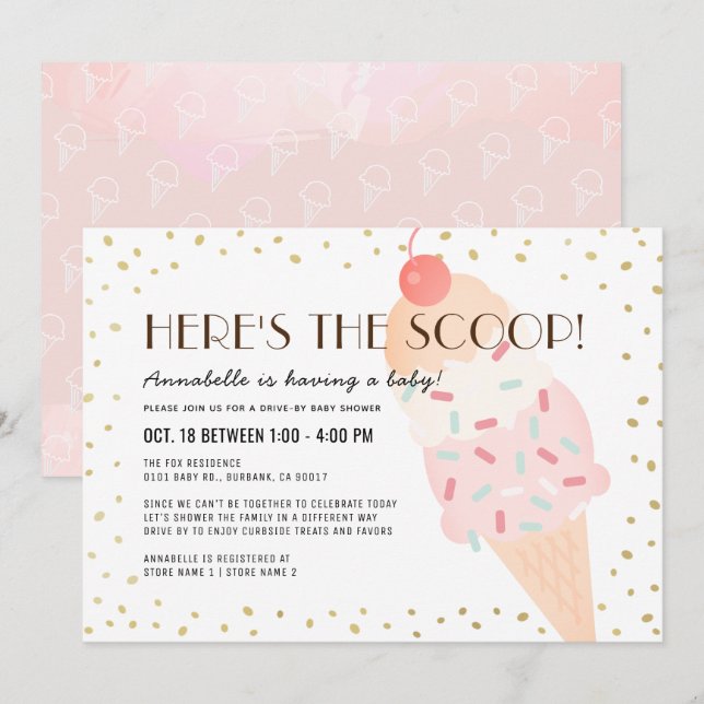 Invitation Voici le Baby shower à la crème glacée Scoop (Devant / Derrière)