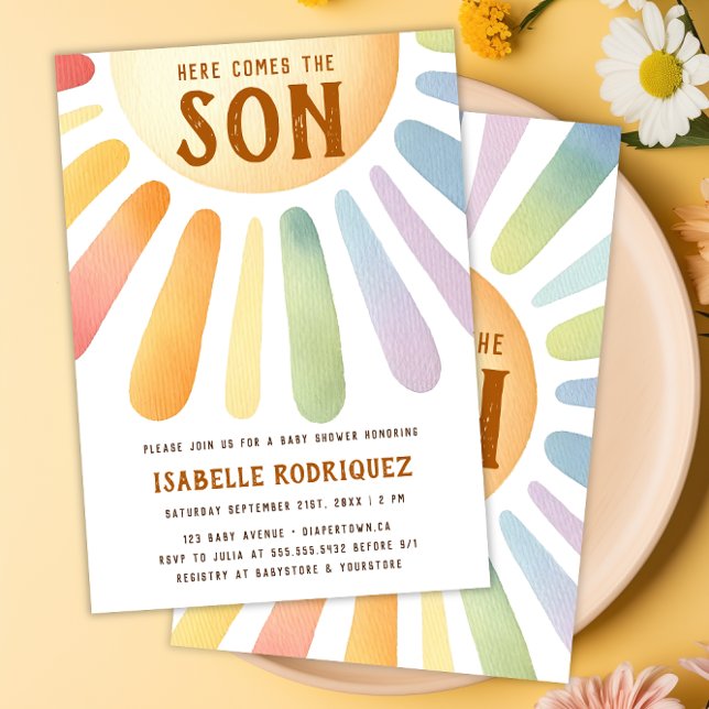 Invitation Voici le Baby shower de garçon Son Sunshine Boho (Here Comes the Son Sunshine Boho Boy Baby Shower Invitation)