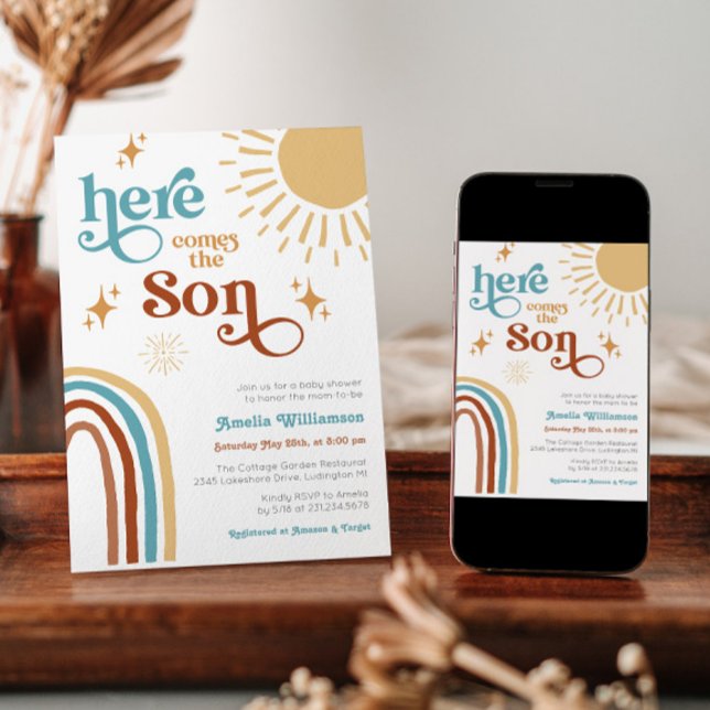 Invitation Voici le Baby shower du Fils (Here Comes the Son Boho Retro Rainbow Sunshine Baby Shower Invitation)