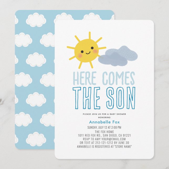 Invitation Voici le Baby shower du garçon Soleil Souriant du  (Devant / Derrière)