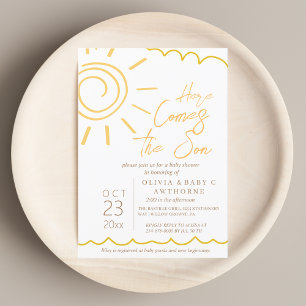 Invitation Voici le Baby shower écrit de la main du fils