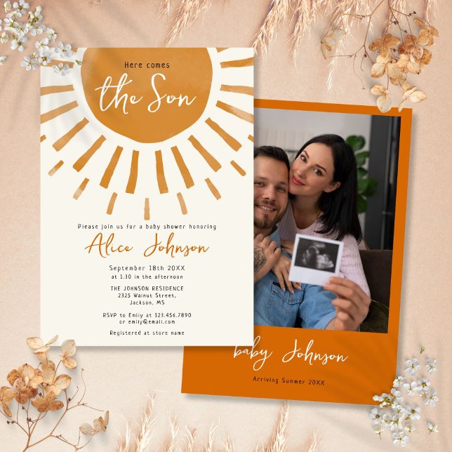 Invitation Voici Le Baby shower Photo Son Boho Boy (Here Comes The Son Boho Boy Photo Baby Shower Invitation)