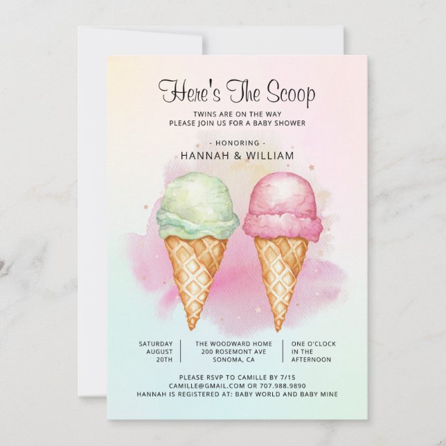 Invitation Voici le Baby shower Scoop Twin Boy Girl (Devant)