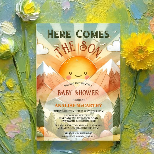 Invitation Voici Le Baby shower Son Sunshine (Celebrate the birth of your son by inviting your baby shower guests with this retro and fun invite.)