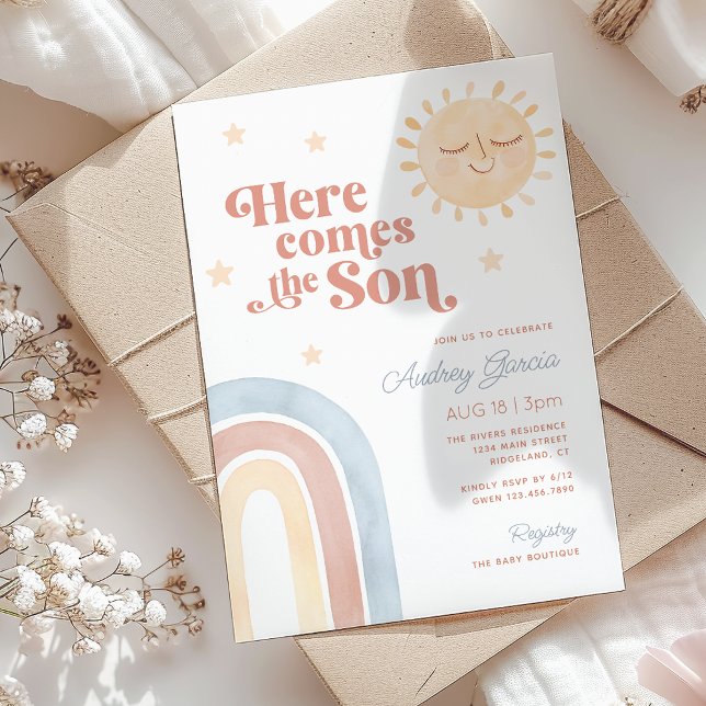 Invitation Voici le Fils Aquarelle Baby Shower Bohème (Here Comes the Son Watercolor Boho Baby Shower Invitation)