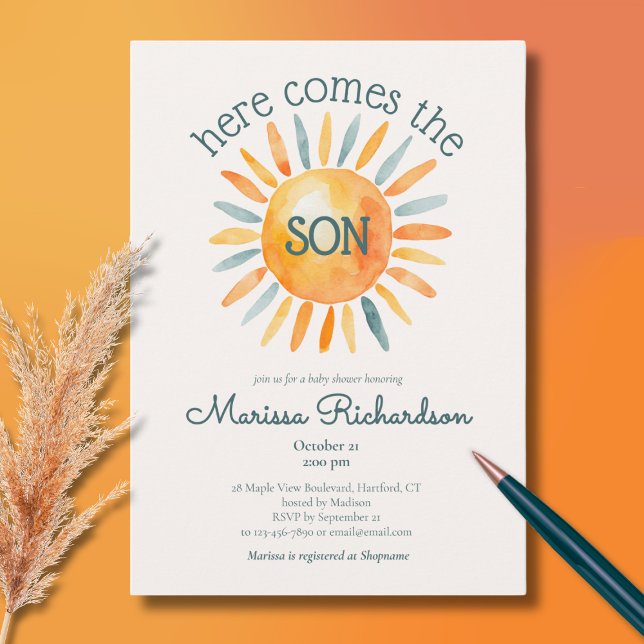 Invitation Voici le Fils Baby Boy Shower (here comes the son baby boy shower invitation, cute retro watercolor sun ray of sunshine)