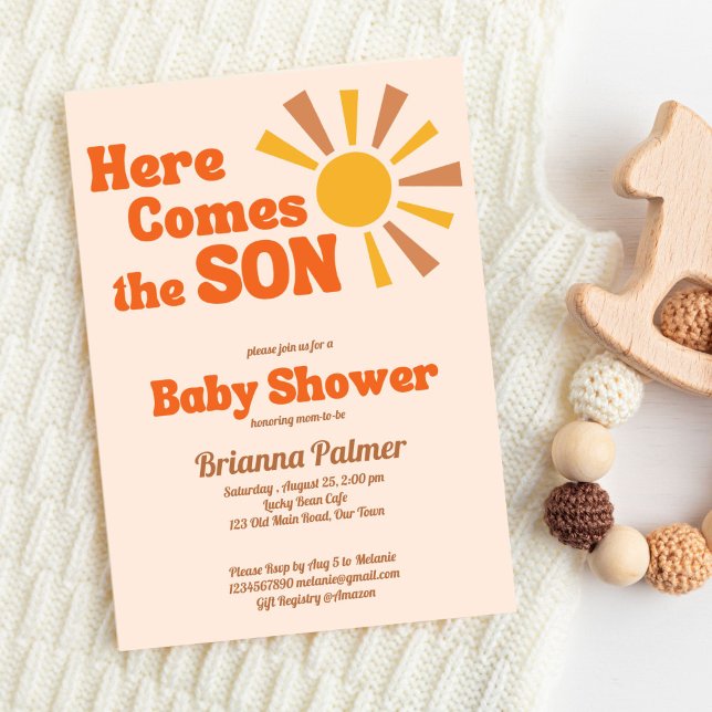 Invitation Voici le fils baby shower super rétro (Here comes the son groovy retro baby shower invitation editable template instant download)