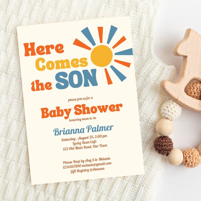 Invitation Voici le fils super baby shower rétro (Here comes the son groovy retro baby shower invitation editable template instant digital download)