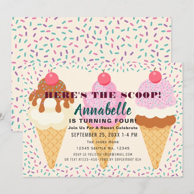 Invitation Voici le Scoop Ice Cream Anniversaire de enfant Pa (Devant / Derrière)