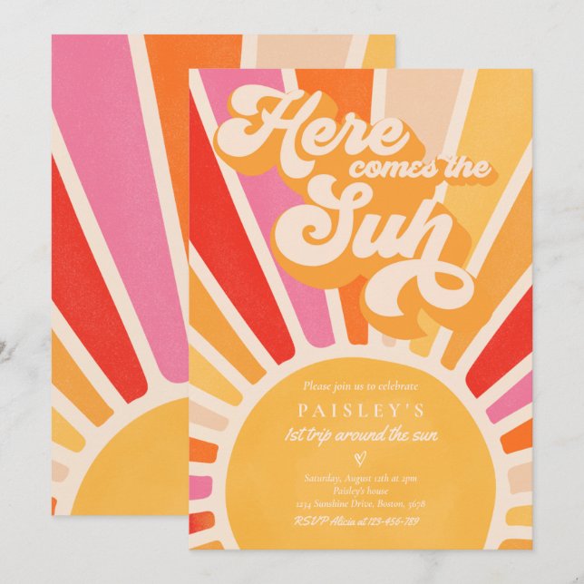Invitation Voici Le Soleil 1er Anniversaire Sunshine Rainbow (Devant / Derrière)