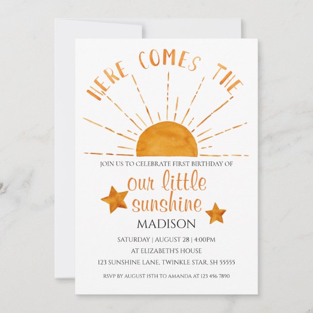 Invitation Voici Le Soleil - Aquarelle 1er anniversaire (Devant)
