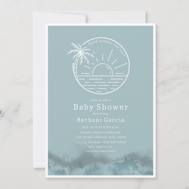 Invitation Voici Le Son Beach Surf Baby shower Bleu (Devant)