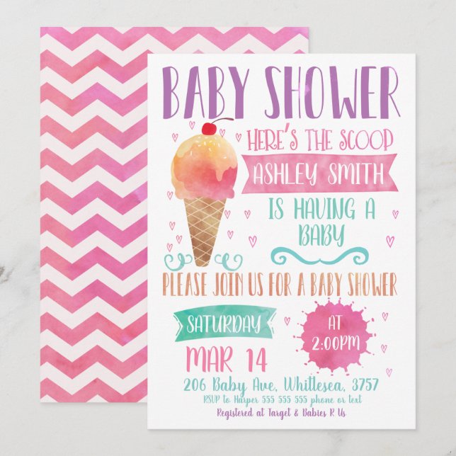 Invitation Voici L'Invitation Au Baby shower De Glace De Scoo (Devant / Derrière)