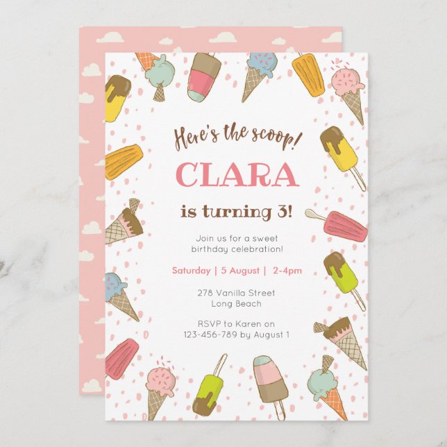 Invitation Voici l'invitation d'anniversaire de crème glacée (Devant / Derrière)
