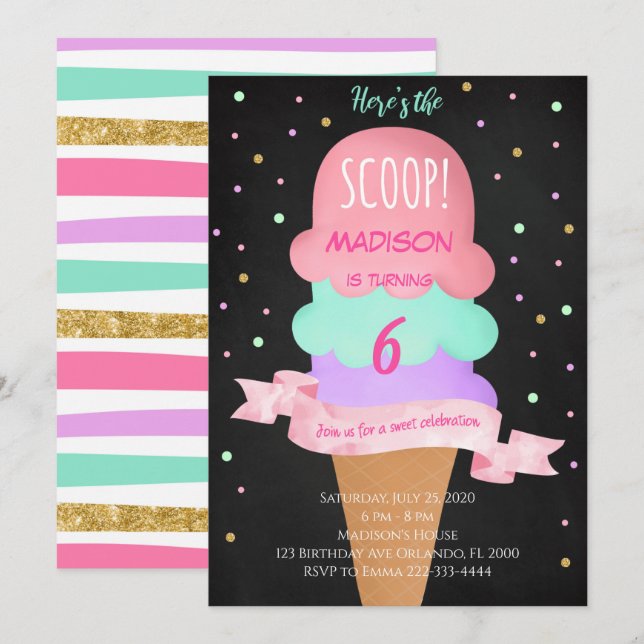 Invitation Voici l'Invitation d'anniversaire de la crème glac (Devant / Derrière)