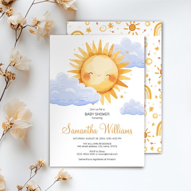 Invitation Voici l'invitation du baby shower Sun (Here comes the Sun watercolor cute baby shower invitation )