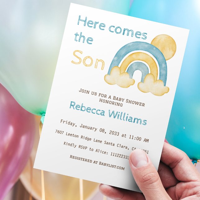 Invitation Voici Son Sunshine Blue Rainbow Baby shower (Créateur téléchargé)