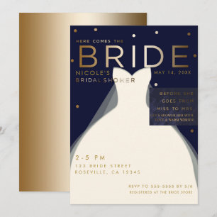 Invitation Voici venir la MARIE en bleu marine et or Shower d
