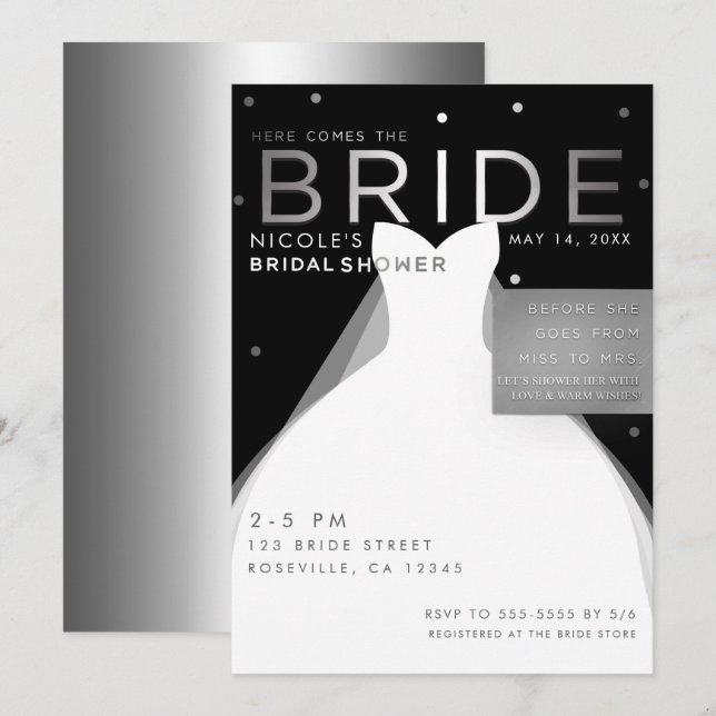 Invitation Voici venir la MARIEÉE Black Silver White Shower d (Devant / Derrière)