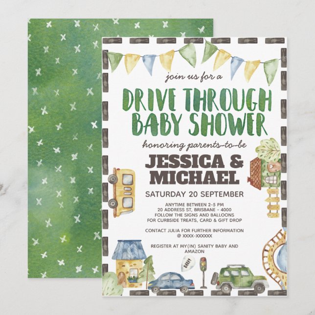 Invitation Voie d'aquarelle à travers le Baby shower (Devant / Derrière)