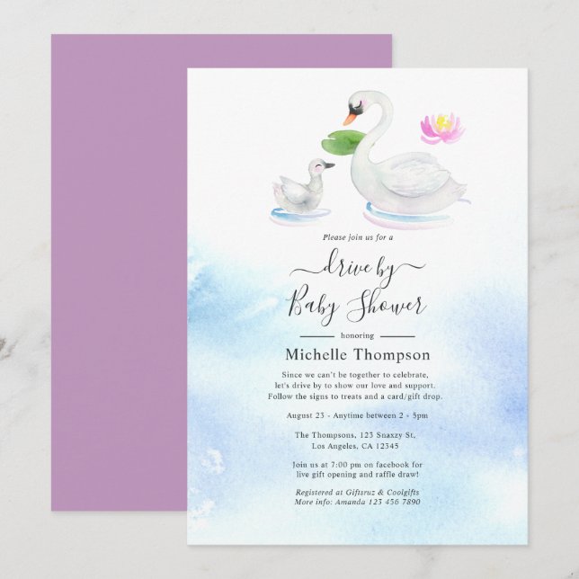 Invitation Voie d'aquarelle du cygne par Baby shower ou nupti (Devant / Derrière)