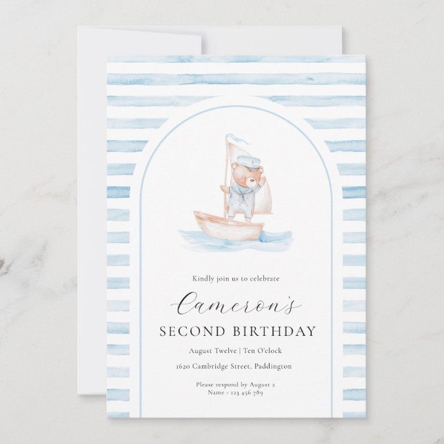 Invitation Voile Bear Blue Stripe Arch Anniversaire (Devant)