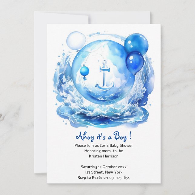 Invitation Voile dans le bonheur : Baby shower Garçon aquarel (Devant)