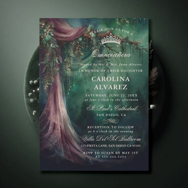 Invitation Voile de forêt enchantée Fairytale Church Quinceañ (enchanted forest quinceanera emerald green mauve purple veil woodland fairy tale church invitation)
